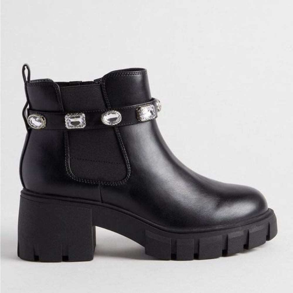 Embellished ankle strap black bootie